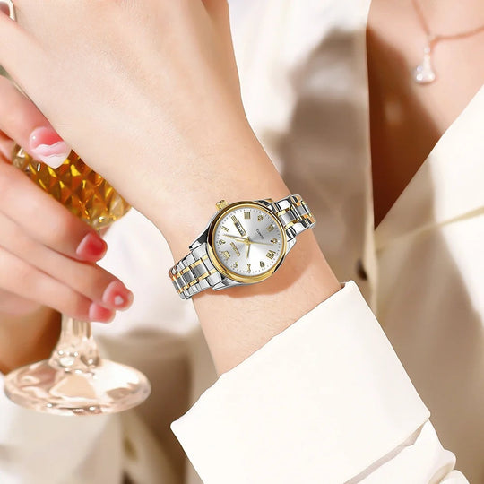 Women's Gold Stainless Steel Quartz Watch Dual Calendar