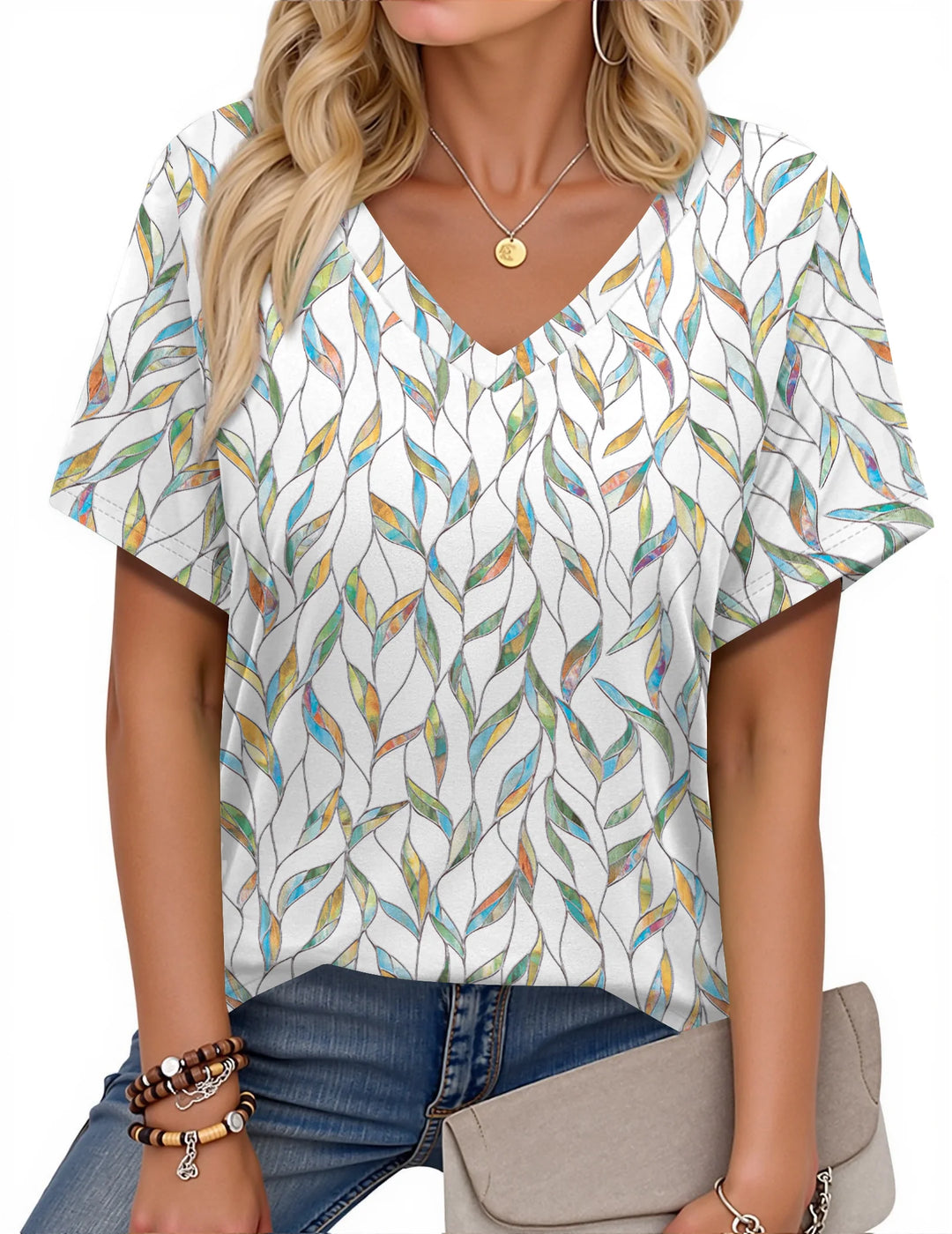 V Neck T Shirts for Women Floral Summer Tops Short Sleeve Shirts Casual Tunic Tops