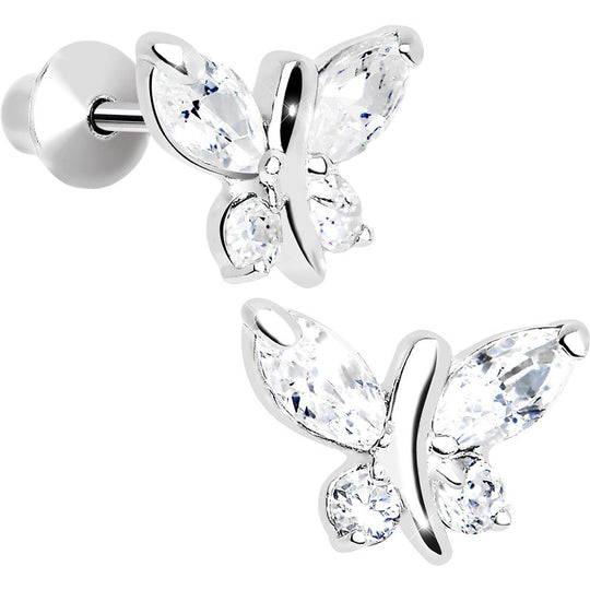.925 Sterling Silver Clear CZ Butterfly Youth Screwback Earrings