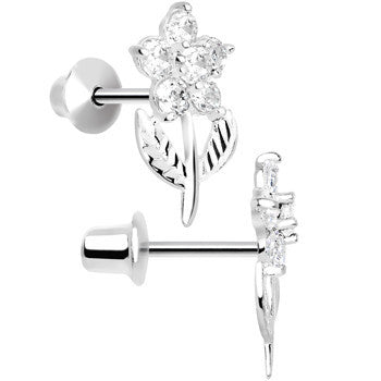 .925 Sterling Silver Clear CZ Whole Flower Youth Screwback Earrings