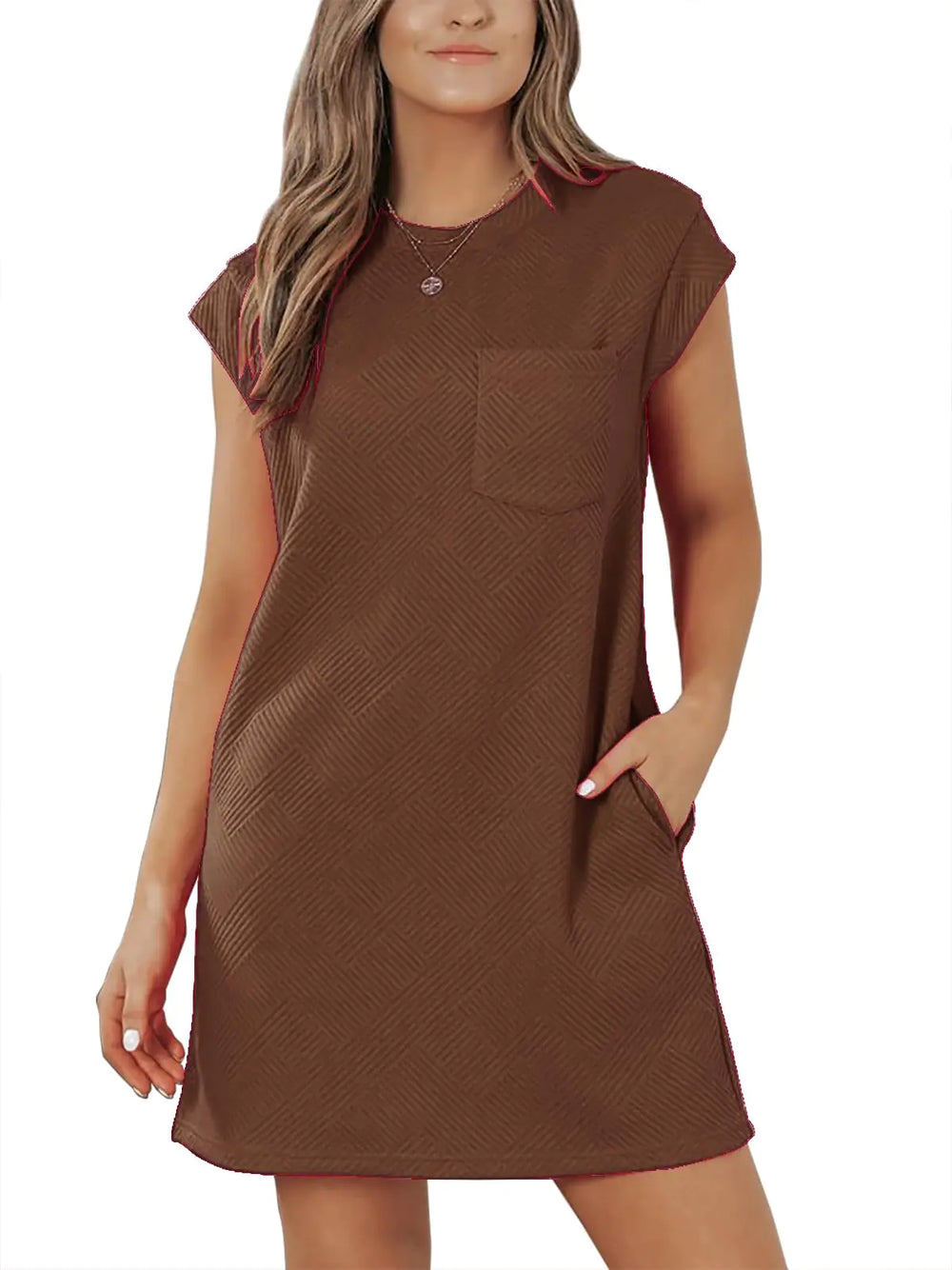 IYICLOTH Womens Casual Crewneck Cap Sleeve Textured Mini Tshirt Shift Dress with Pockets Coffee