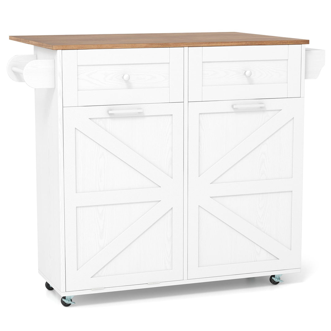 Rolling Kitchen Island with Trash Can Cabinet and Rubber Universal Wheels-White