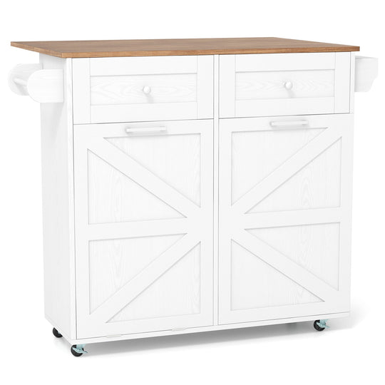 Rolling Kitchen Island with Trash Can Cabinet and Rubber Universal Wheels-White