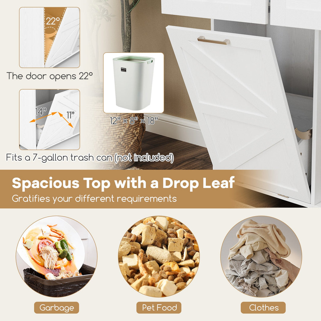 Rolling Kitchen Island with Trash Can Cabinet and Rubber Universal Wheels-White