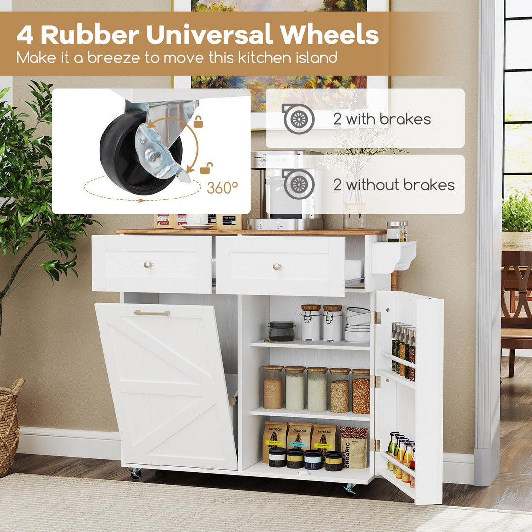 Rolling Kitchen Island with Trash Can Cabinet and Rubber Universal Wheels-White