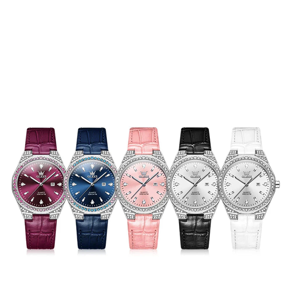 Women's Leather Strap Crystal Bezel Watch Rose Gold Luxury