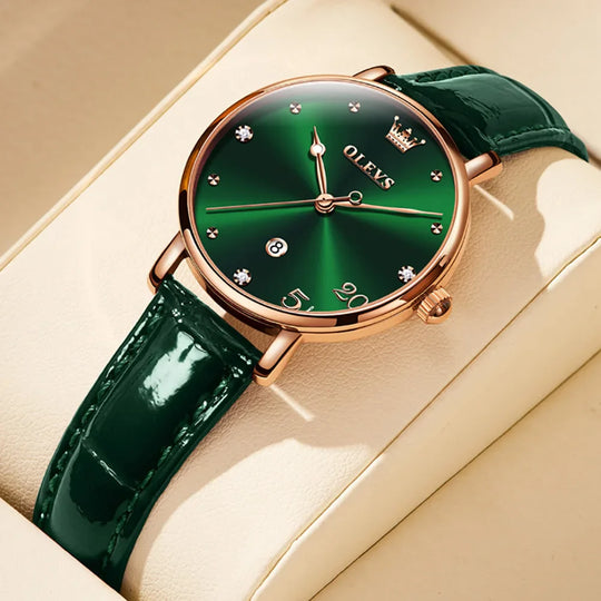 Women's Green Dial Slim Leather Strap Watch Gift