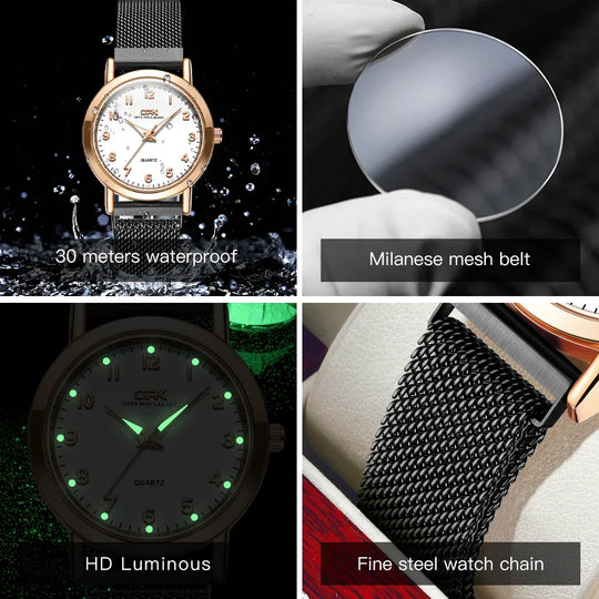 Women's Rose Gold Mesh Quartz Watch Slim Luminous Waterproof