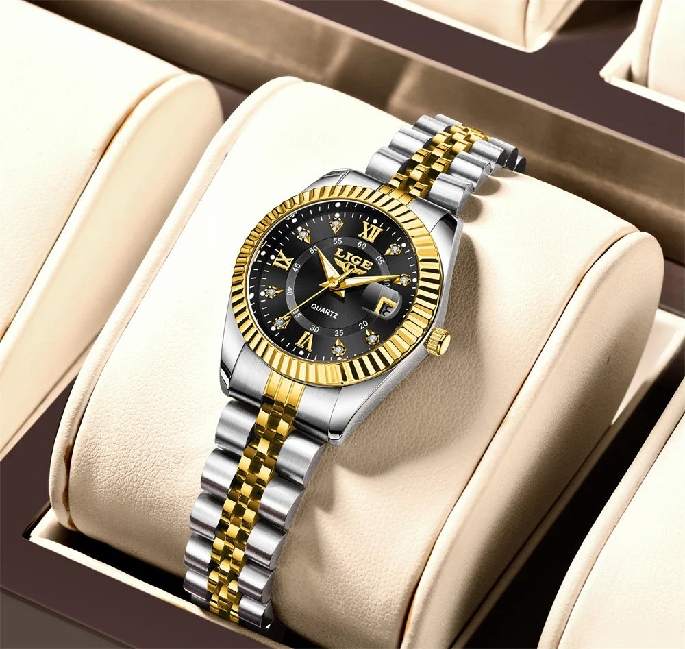 Women's Two Tone Stainless Steel Date Watch Elegant Quartz