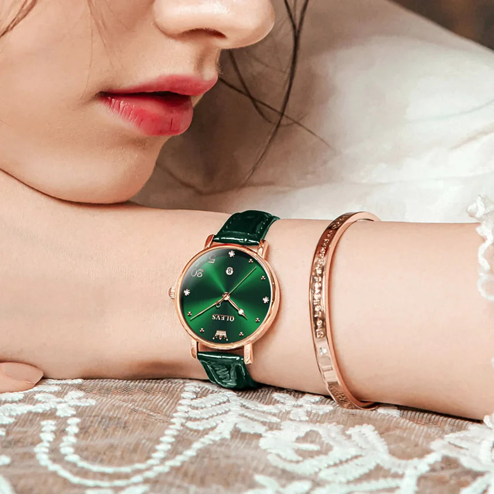 Women's Green Dial Slim Leather Strap Watch Gift