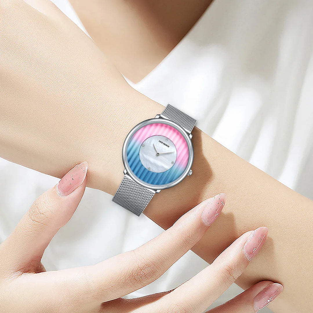 Women's Slim Mesh Band Watch Pink Blue Gradient Quartz