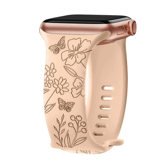 Apple Watch Silicone Strap - Floral Engraved, Soft and Waterproof