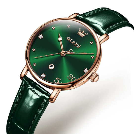 Women's Green Dial Slim Leather Strap Watch Gift