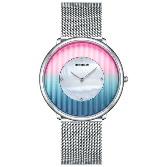 Women's Slim Mesh Band Watch Pink Blue Gradient Quartz