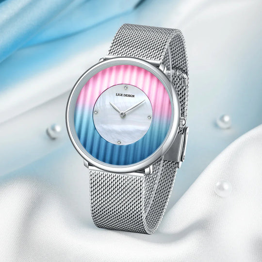 Women's Slim Mesh Band Watch Pink Blue Gradient Quartz