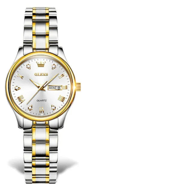 Women's Gold Stainless Steel Quartz Watch Dual Calendar