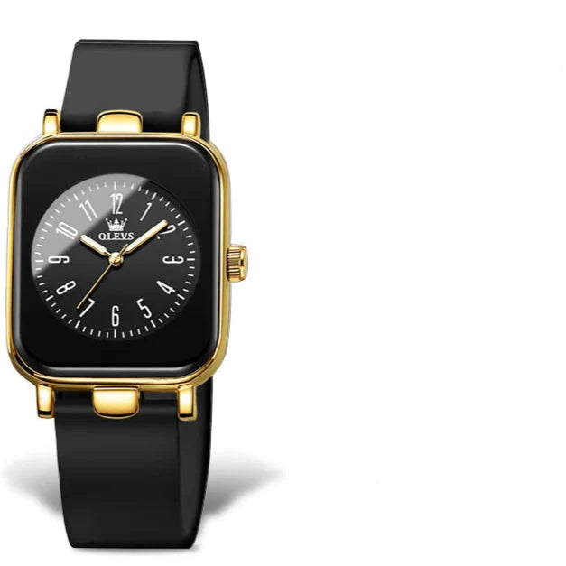 Women's Rectangular Gold Tone Quartz Watch Silicone Strap