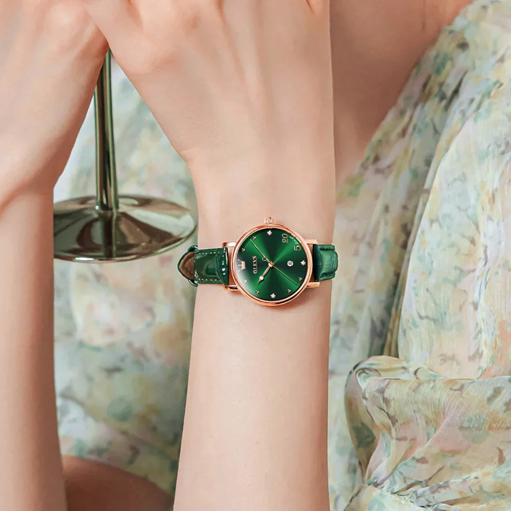 Women's Green Dial Slim Leather Strap Watch Gift