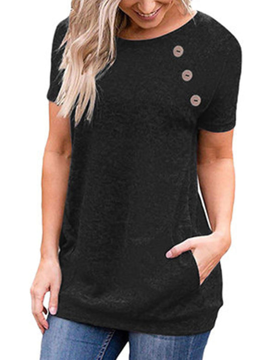 Women'S Tops Short Sleeve Blouse Summer Casual T Shirts Loose Fit Tunic Top with Side Button Black Tees