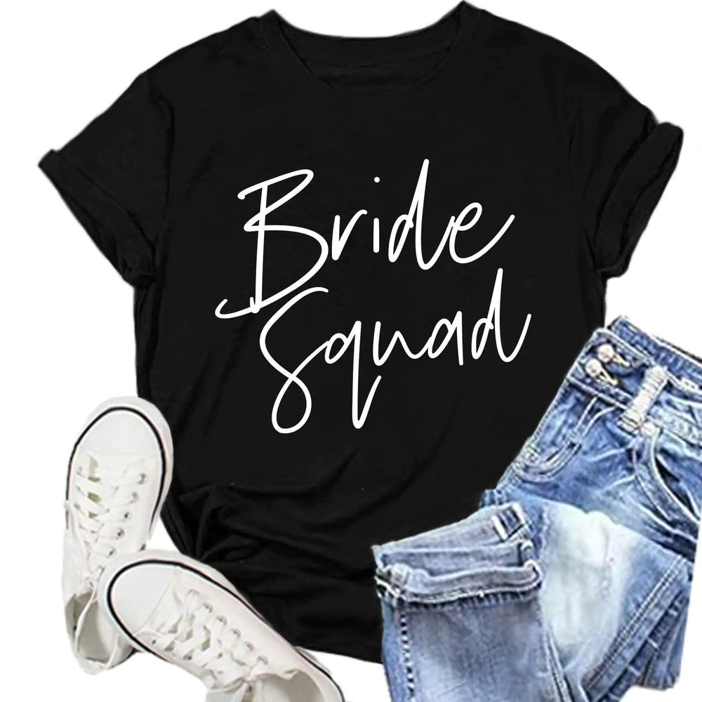 NEWKA Bride Tshirt for Women Bride Squad Shirts Bridesmaid Engaged Tee Shirts Black