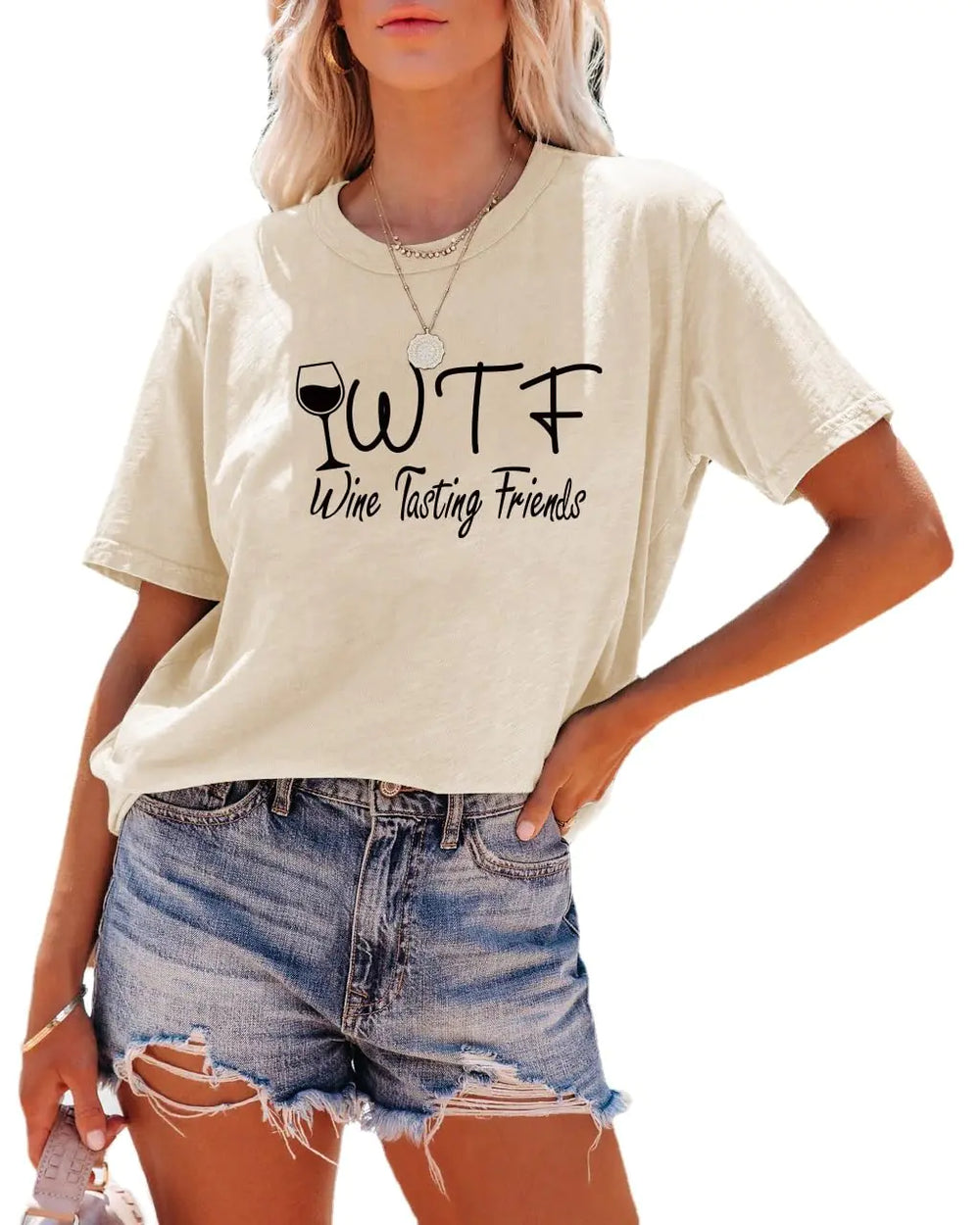 YourTees Women WTF Wine Tasting Friends Tshirt (SandLargeLargeFemaleAdultUSAlphaRegularRegular)