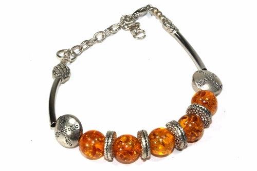 Amber Glow Resin Beaded Bracelet With Silver Accents