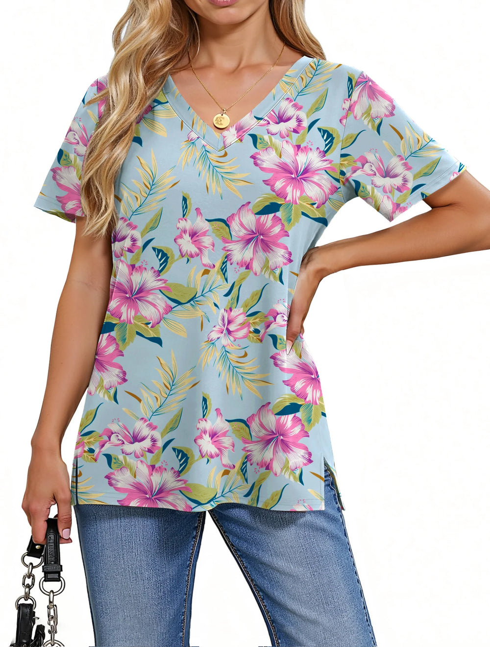 V Neck T Shirts for Women Floral Summer Tops Short Sleeve Shirts Casual Tunic Tops