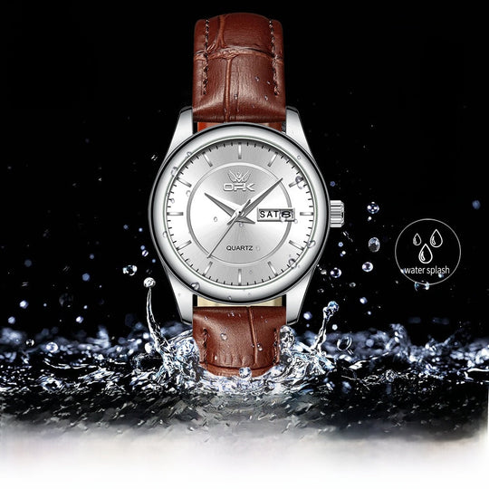 Women's Leather Strap Quartz Watch Silver Case Dual Day