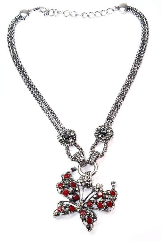 Butterfly Pendant Necklace Red Crystal Silver Chain Jewelry