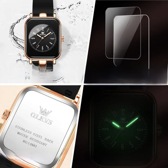 Women's Rectangular Gold Tone Quartz Watch Silicone Strap