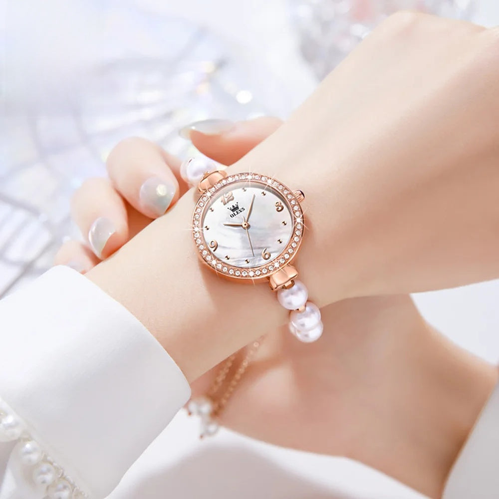 Women's Pearl Bracelet Watch Rose Gold Crystal Bezel