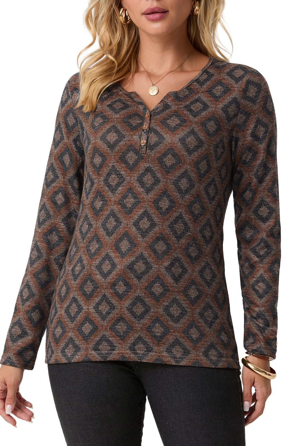 Womens Long Sleeve T Shirts Western Henley Tops Ladies Cowboy Chic Graphic Tees Aztec Casual V Neck Loose Fit Blouse Black Brown Diamond L