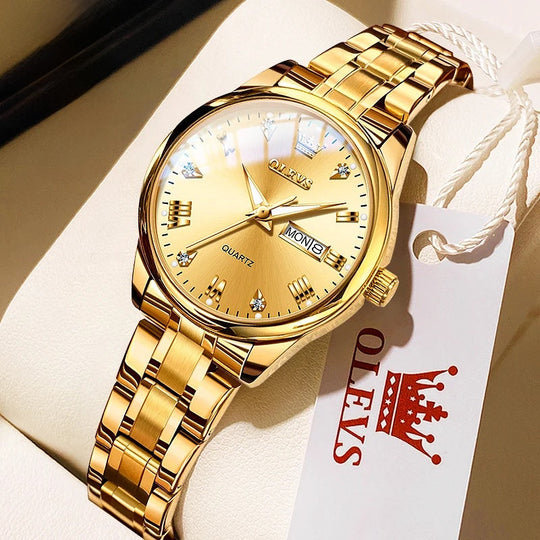 Women's Gold Stainless Steel Quartz Watch Dual Calendar