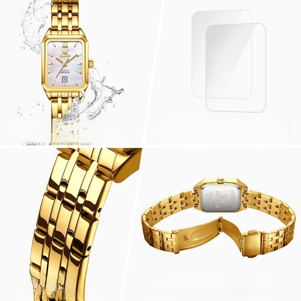 Women's Gold Stainless Steel Rectangular Dress Watch