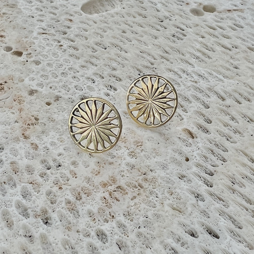 Cambodian Sunshine Stud Earrings Recycled Bombshell Brass Minimalist Sun Studs