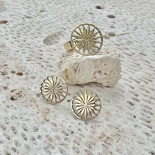 Cambodian Sunshine Stud Earrings Recycled Bombshell Brass Minimalist Sun Studs