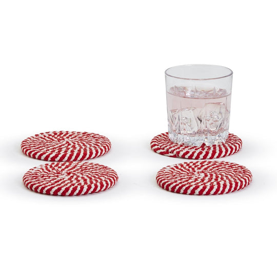 Candy Cane Stripe Braided Cotton Coasters Set Of 4 Holiday Table Protectors