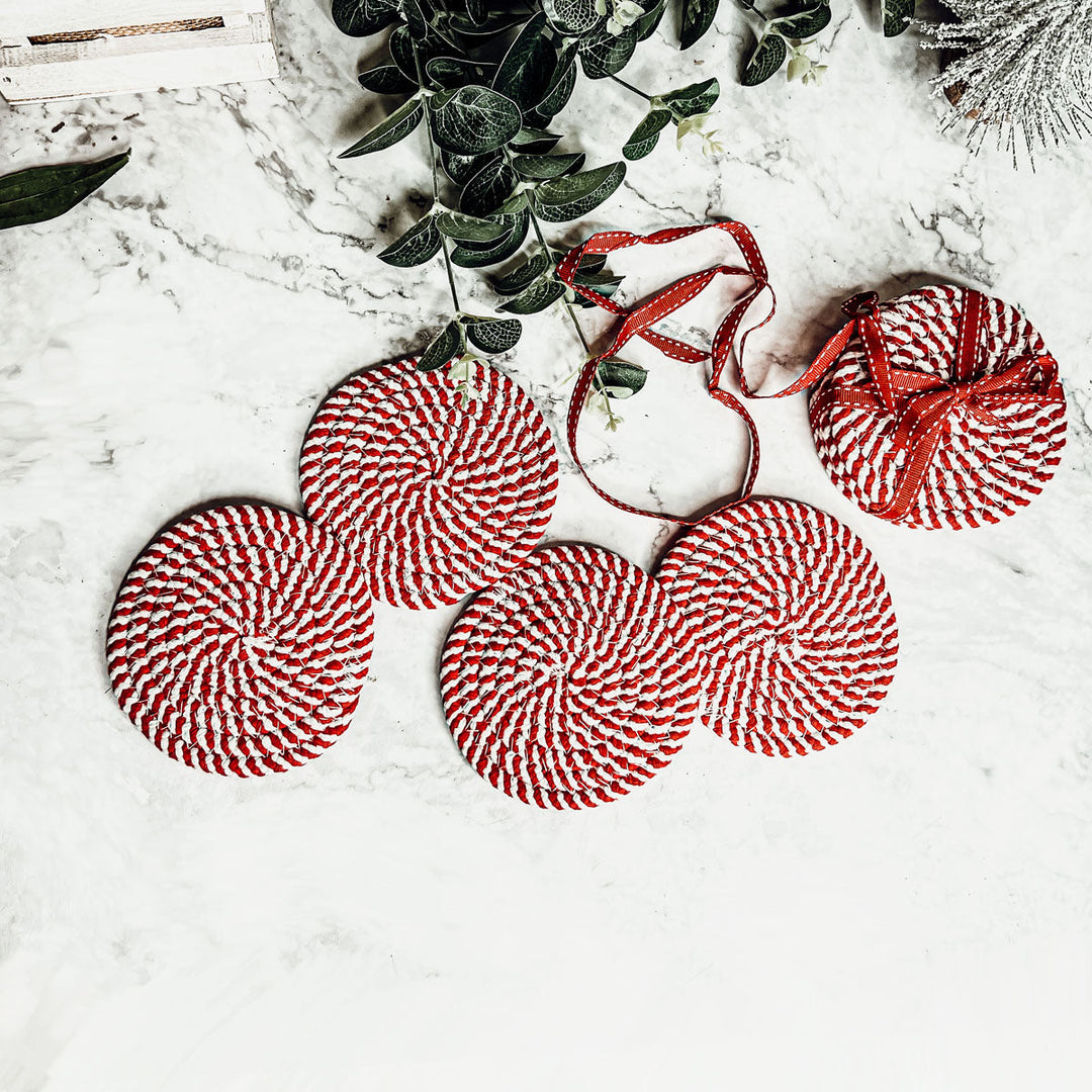 Candy Cane Stripe Braided Cotton Coasters Set Of 4 Holiday Table Protectors