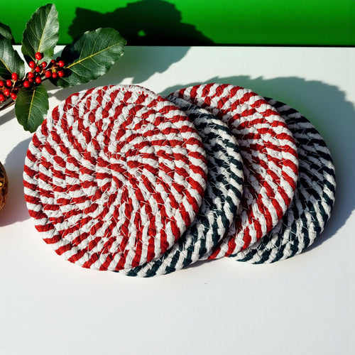 Candy Cane Stripe Braided Cotton Coasters Set Of 4 Holiday Table Protectors