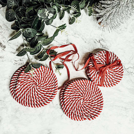 Candy Cane Stripe Braided Cotton Coasters Set Of 4 Holiday Table Protectors