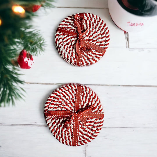 Candy Cane Stripe Braided Cotton Coasters Set Of 4 Holiday Table Protectors
