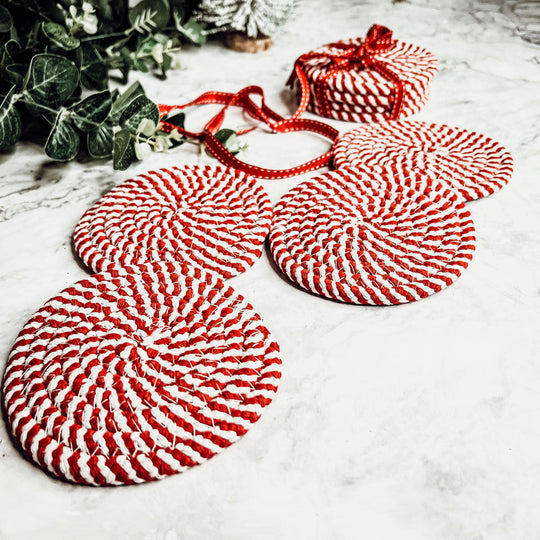 Candy Cane Stripe Braided Cotton Coasters Set Of 4 Holiday Table Protectors