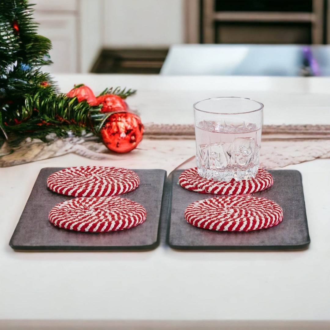 Candy Cane Stripe Braided Cotton Coasters Set Of 4 Holiday Table Protectors
