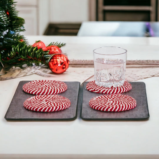 Candy Cane Stripe Braided Cotton Coasters Set Of 4 Holiday Table Protectors