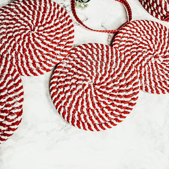 Candy Cane Stripe Braided Cotton Coasters Set Of 4 Holiday Table Protectors