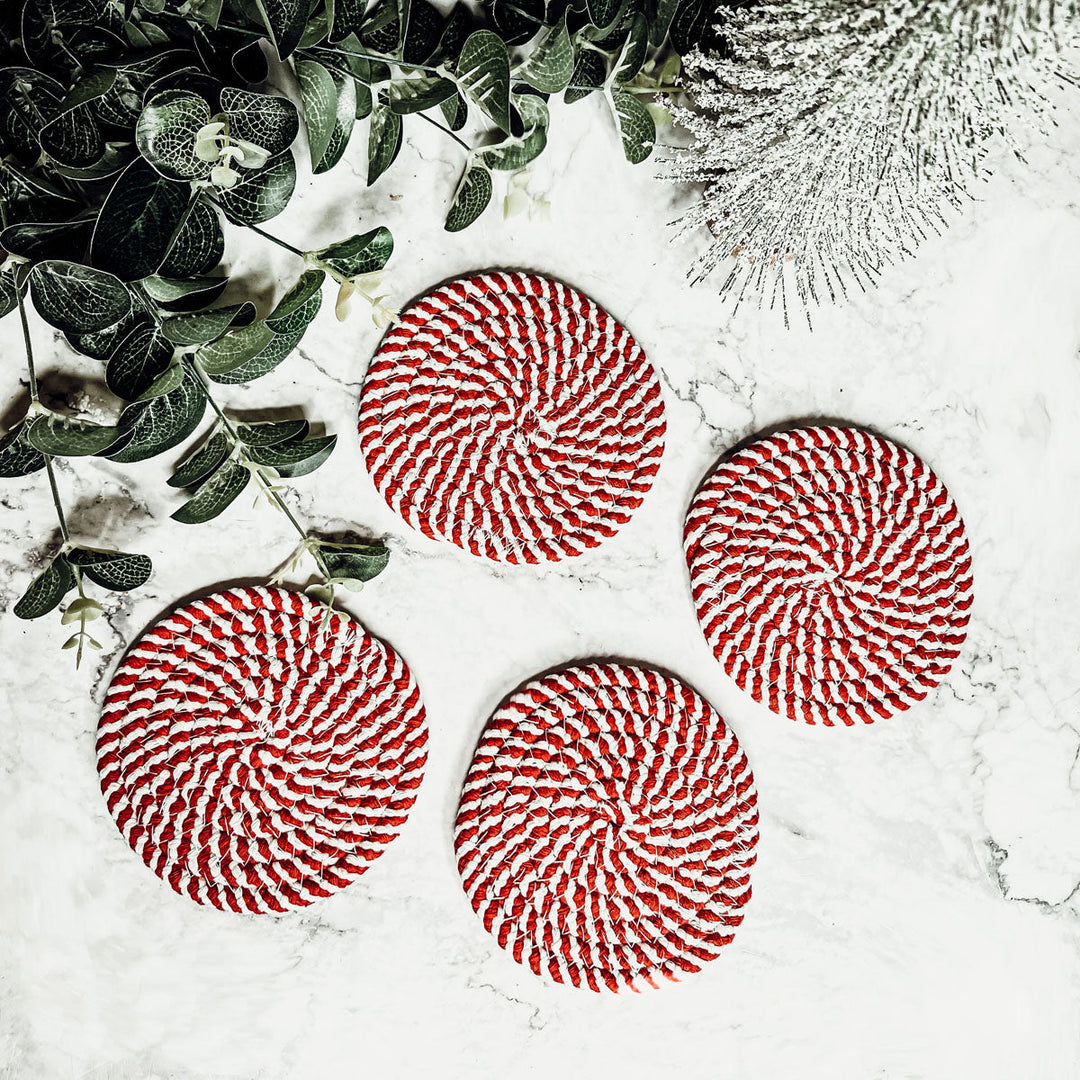 Candy Cane Stripe Braided Cotton Coasters Set Of 4 Holiday Table Protectors
