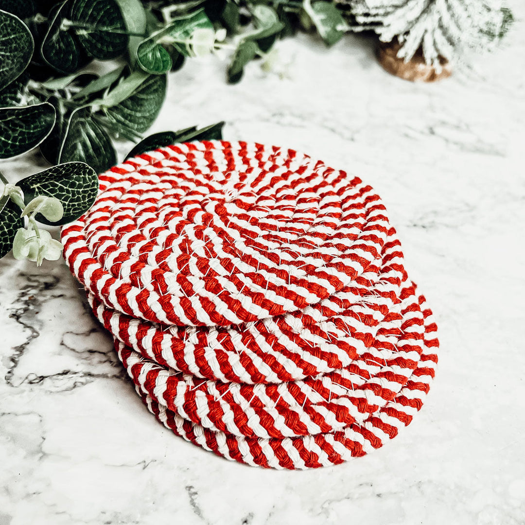 Candy Cane Stripe Braided Cotton Coasters Set Of 4 Holiday Table Protectors