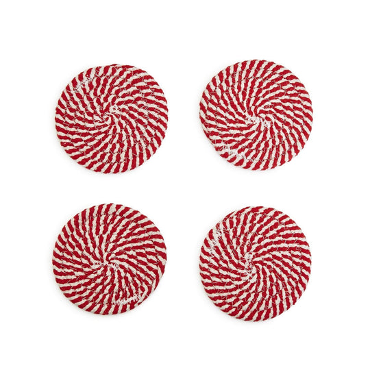 Candy Cane Stripe Braided Cotton Coasters Set Of 4 Holiday Table Protectors