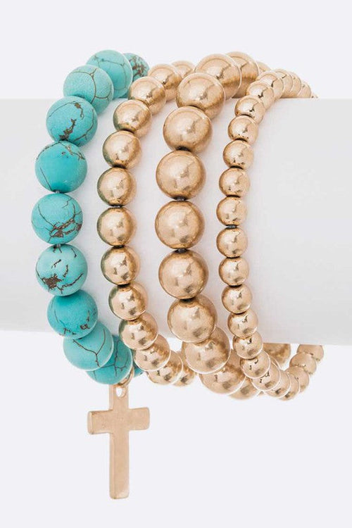 Cross Charm Beaded Bracelet Set Layered Gold And Aqua