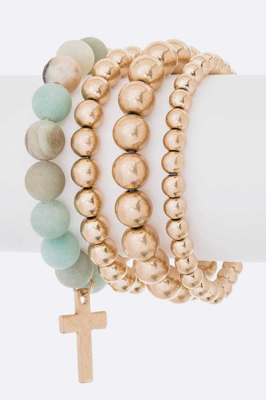 Cross Charm Beaded Bracelet Set Layered Gold And Aqua